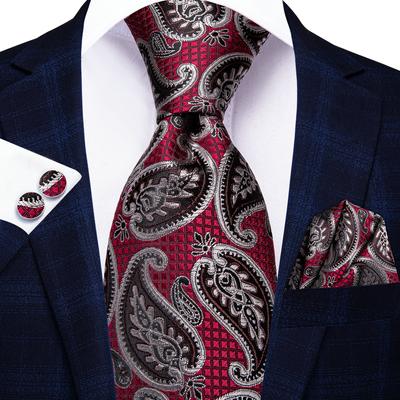 Hi-Tie Moda Erkek Şarap Kırmızısı Paisley Kravat Mendil İş Düğünü için Kol Düğmeleri