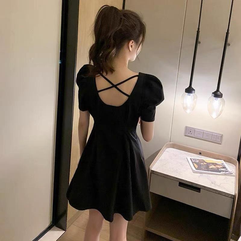 Europäisches Französisches Quadratkragen Puffärmel Schwarzes Kleid - Slim Fit Sommer Damenkleid