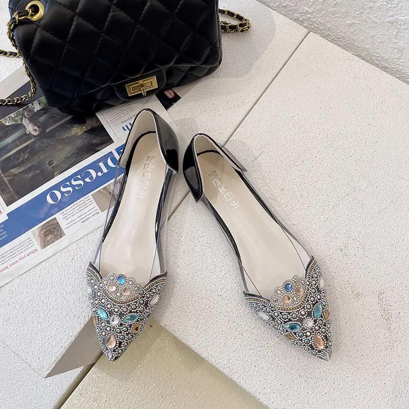 Fashion Women's Flat Shoes Transparent Clear Diamond Red Pointed Toe Rhinestone Ladies Footwear with Crystals Cheap Clearance Stylish 39