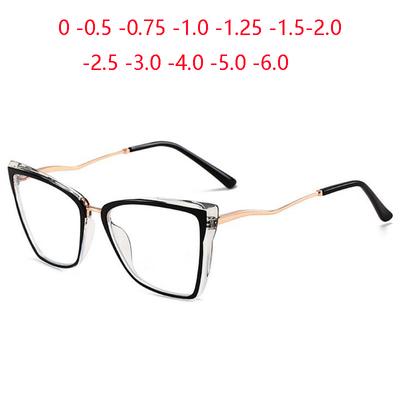 Women Men Anti-Blue Light Cat Eye Myopic Glasses +Metal Myopia Photochromic Prescription Eyeglasses 0 -0.5 -0.75 To -6.0