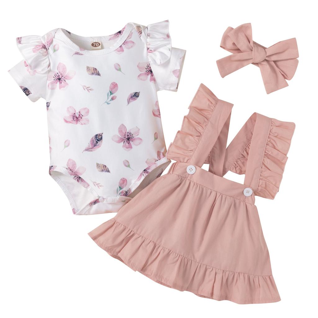 Cheap Newborn Baby Girl Ribbed Outfit Ruffle Sleeve Romper Solid Color Suspender Skirt Set 2PC