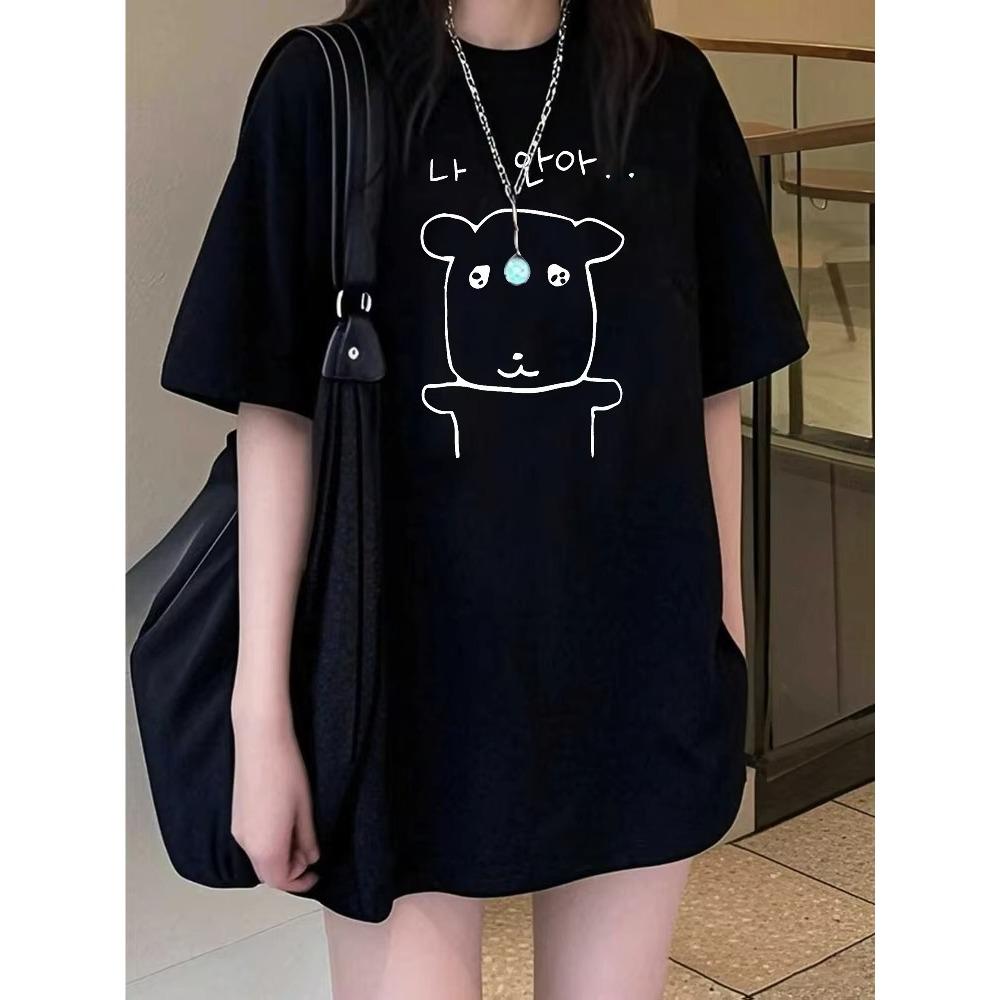 

Summer Elegant Women s Drop Shoulder Round Neck T-Shirt Short Sleeve Japanese and Korean Style Cartoon Puppy Aesthetic Clothes M