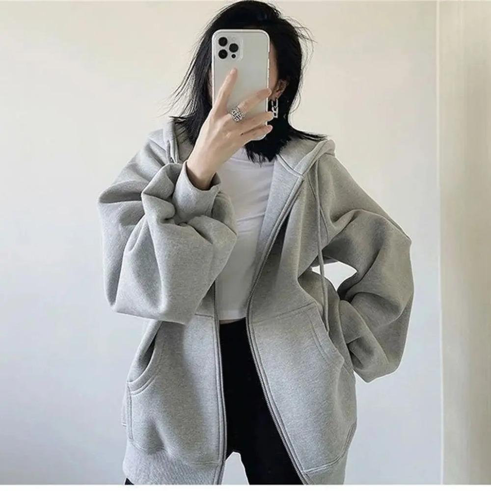 Women Loose Hooded Sweatshirt Jacket Fall Solid Zipper Long Sleeve Coat Oversize Vintage Hoodies Casual Wear