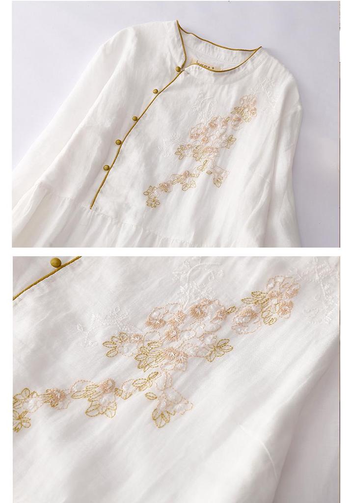 Abito Retro Estivo da Donna 2026 con Scollo Incrociato Ricamato in Cotone e Lino con Collo alla Coreana e Maniche a Tre Quarti
