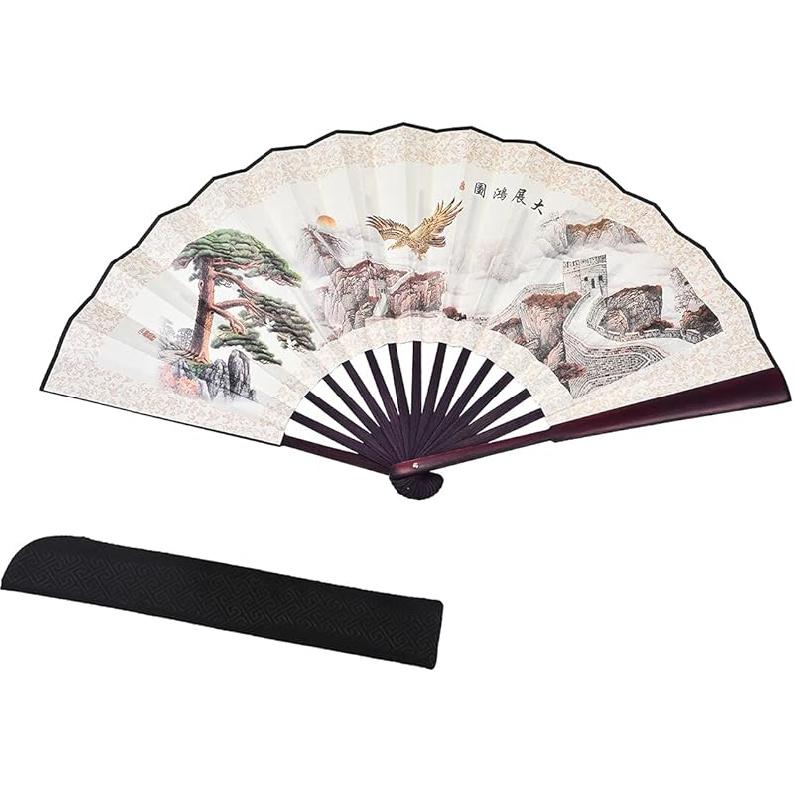 Large Folding Fan with Chinese Traditional Painting,Bamboo Fabric Hand Fans,with a Fabric Sleeve, for Performance,Decorations and Gifts,13inch