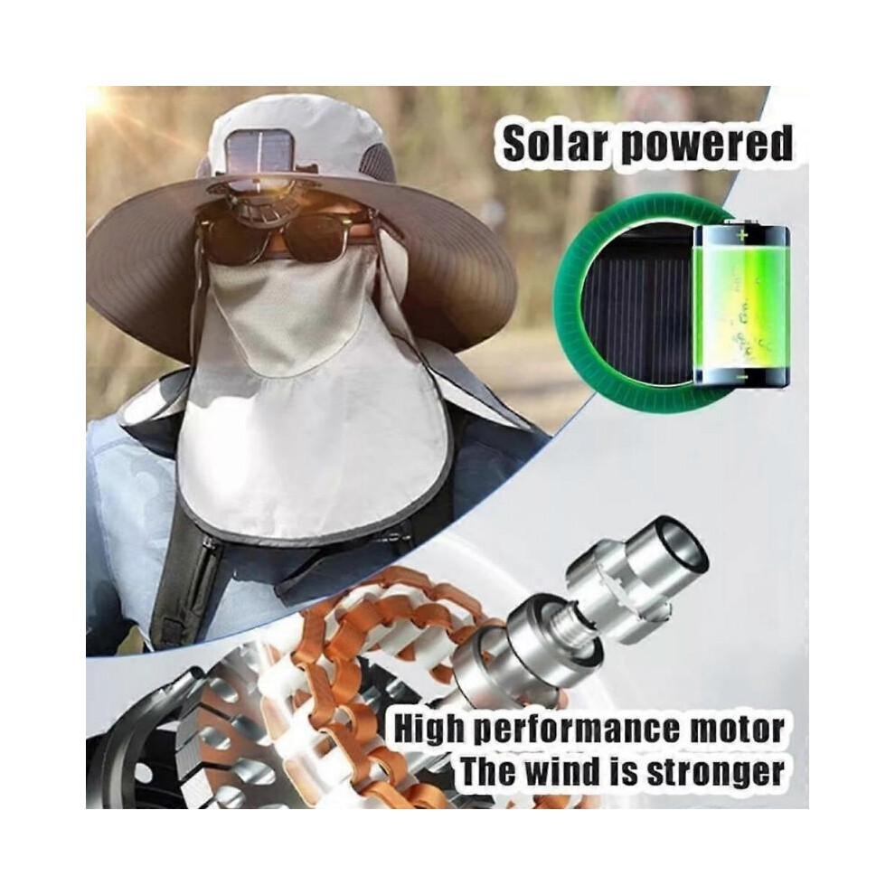 (Khaki) Sombrero Con Ventilador Solar, Wide Brim Sun Hat with 2 Solar Fan For Outdoor