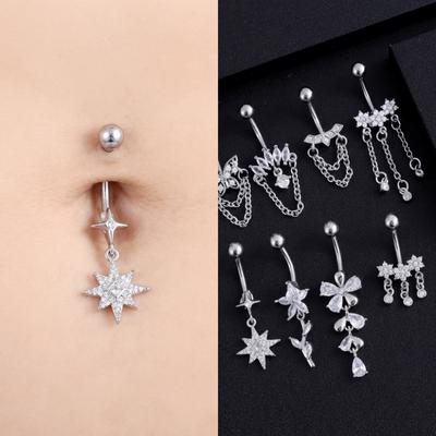 Elegant Butterfly Chain Navel Ring Exquisite Zircon Belly Navel Stud Five-petal Flower Stainless Steel Navel Button Daily