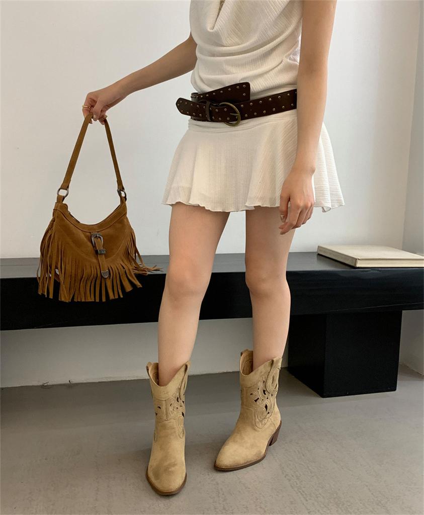 2025 new short boots women's western cowboy boots embroidered hollow women's thick heel V mouth ethnic style retro knight boots women