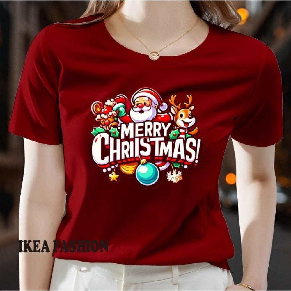 Large Women's Christmas Pattern Printed T-shirt - Short Sleeve Round Neck Casual Top
