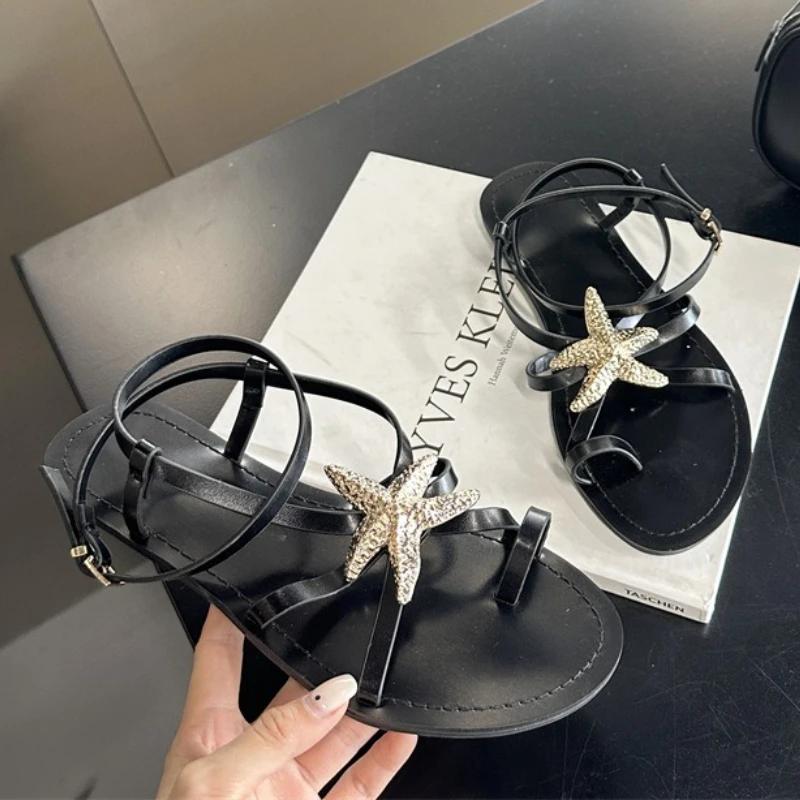 Fashion Fashion Gold Star Decoration Design Flat Sandals Women Black Narrow Band Buckle Roman Shoes Sexy Clip Toe Flip Flops Sandalias