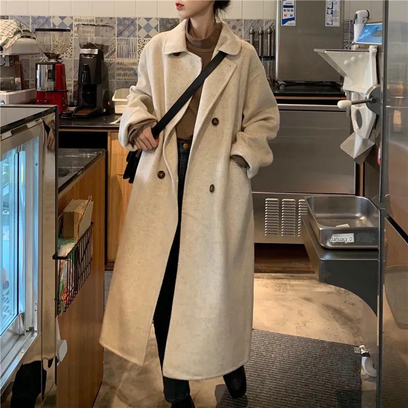 Korean Oat-Colored Wool Coat - Women's Mid-Length Loose Fit, Autumn/Winter Versatile Outerwear