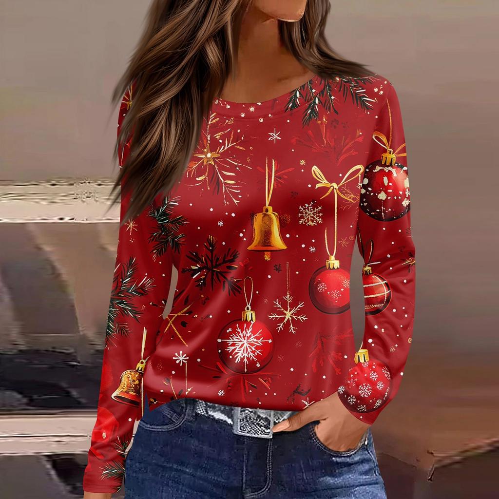 Women's Fashion Casual Slit Hem Round Neck Long Sleeve Loose Christmas Printed T-Shirt Ladies Top