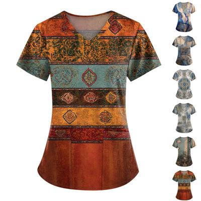 Plus Size Printed Scrub Working Uniform Tops For Women's V-Neck Print Short Sleeve Fun T-Shirts Workwear Tee With Pockets