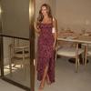Damen Floral Spaghettiträger Offener Rücken Bodycon Maxikleid