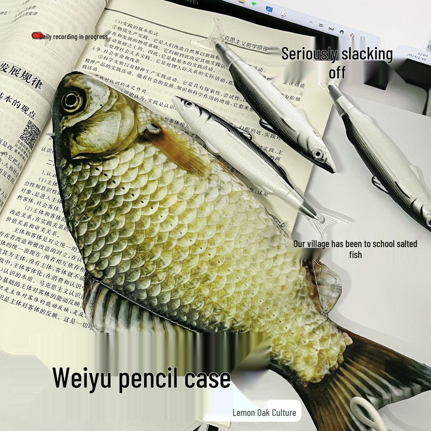 

Korean Creative Crucian Carp Fish Pencil Case: Douyin Style, Humorous, Unique Salted Fish Design Stationery Bag.