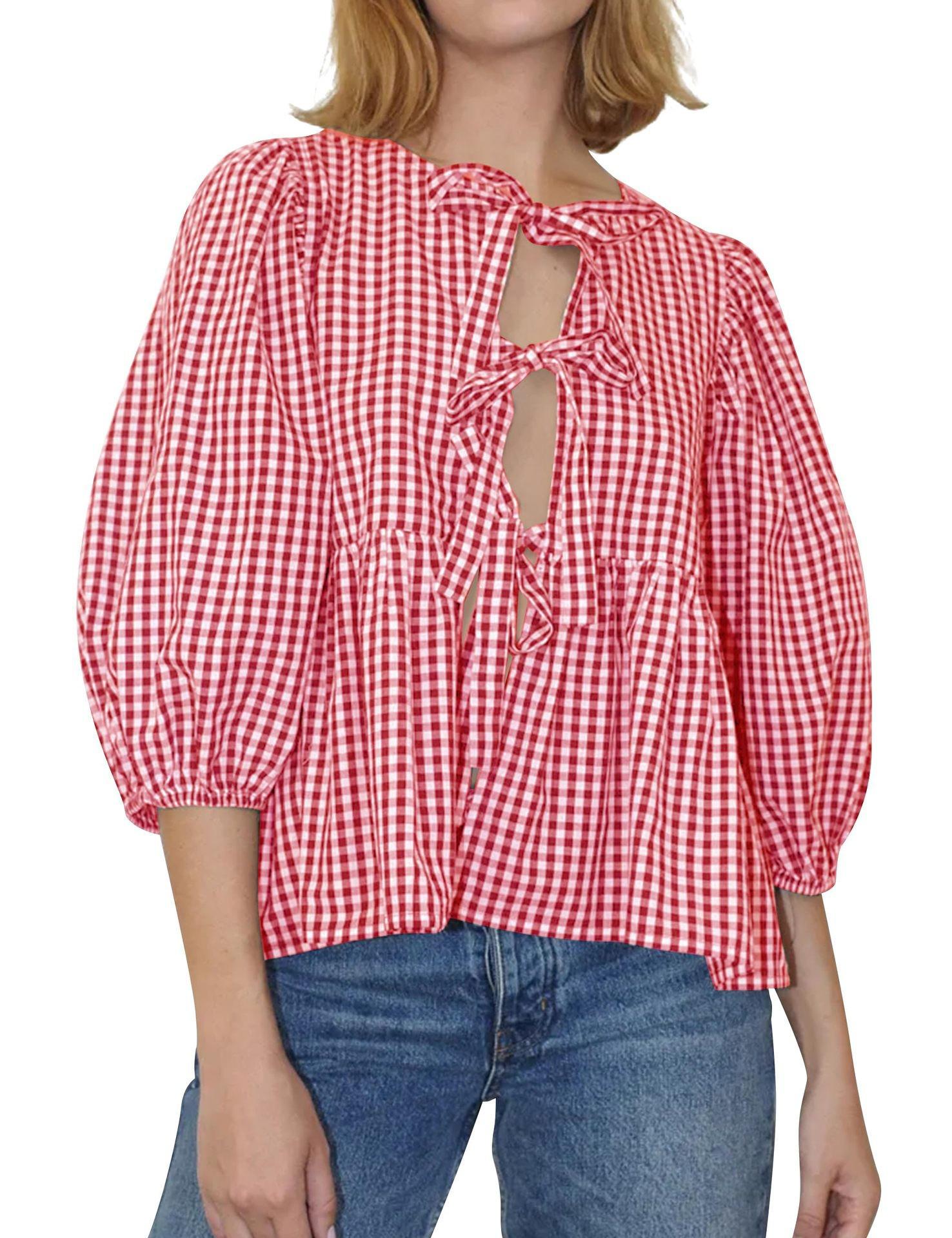 

2024 Sweet Casual Puff Sleeve Tie-Up Shirt L