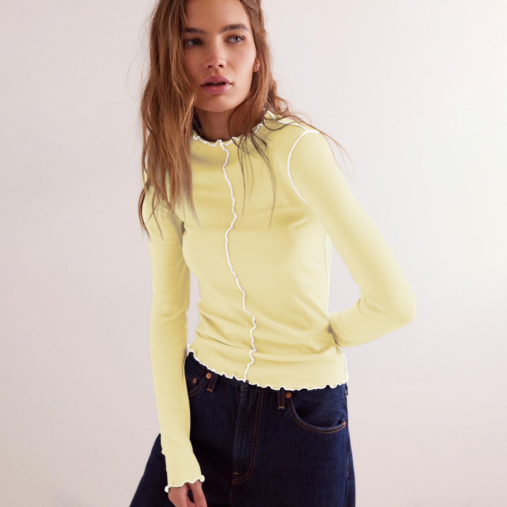 

Женский весенне-осенний пуловер с длинным рукавом, воротником-стойкой, однотонный, с оборками, приталенного кроя XL