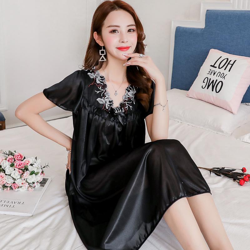 Plus Size Faux Silk Lace Nightgown: Women's Short Sleeve, Wide Hem, Loose Summer Pajamas