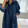 LYRIA Loose Korean Drawstring Denim Dress Women Chic Split Women's Dresses Elegant Blue Pocket Dresses