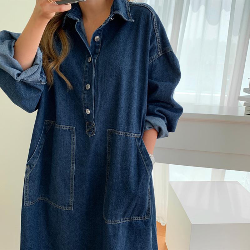 LYRIA Loose Korean Drawstring Denim Dress Women Chic Split Women's Dresses Elegant Blue Pocket Dresses
