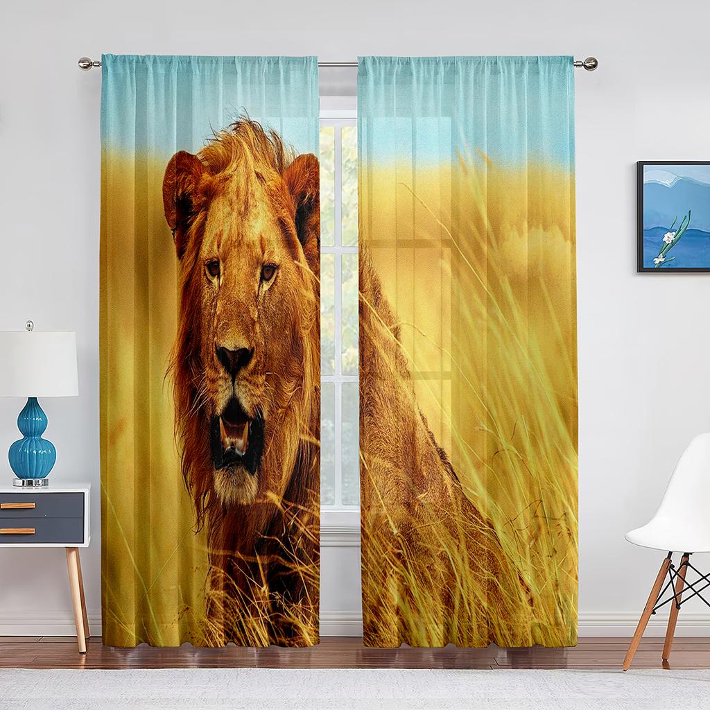 Löwenpaar Landschaftsmalerei Wolken Wildtiere Transparente Vorhänge für Wohnzimmer Schlafzimmer Küchendekor Fenstervoiles Tüllvorhang