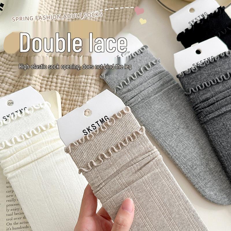 Women's White Mid-Calf Socks, Spring & Autumn Style, Paired with Birkenstocks; Girls' Lace Ruffled Long Socks, Perfect for Autumn & Winter.