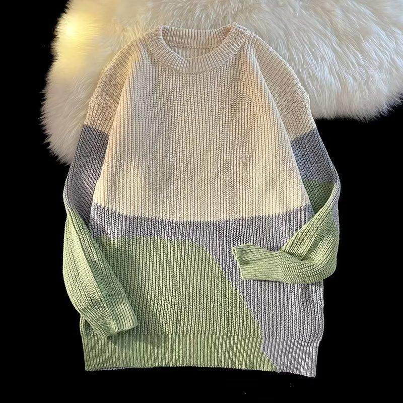 Contrast color sweater for men in autumn and winter, niche design, fashionable sweater, lazy style sweater, loose jacket