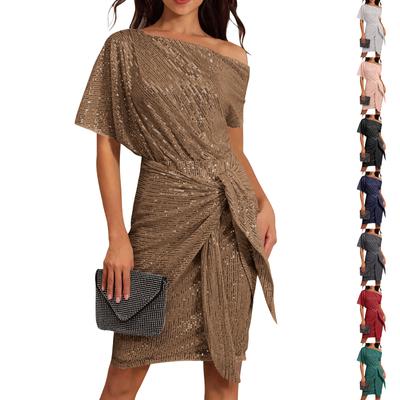 Fashionable Color Glitter Dress With Pleated Shoulder