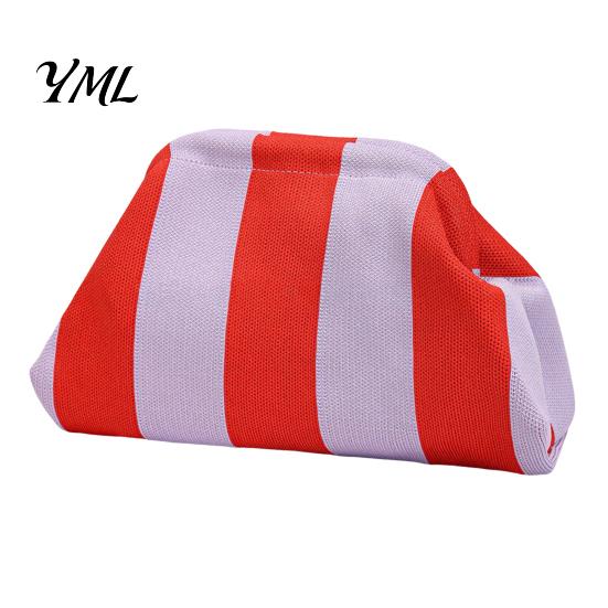 Quick Access Makeup Pouch Women Woven Striped Clutch Purse, Large Capacity Kiss Lock Organizer Cosmetic Pouch, Summer Beach Vacation Evening Dumpling
