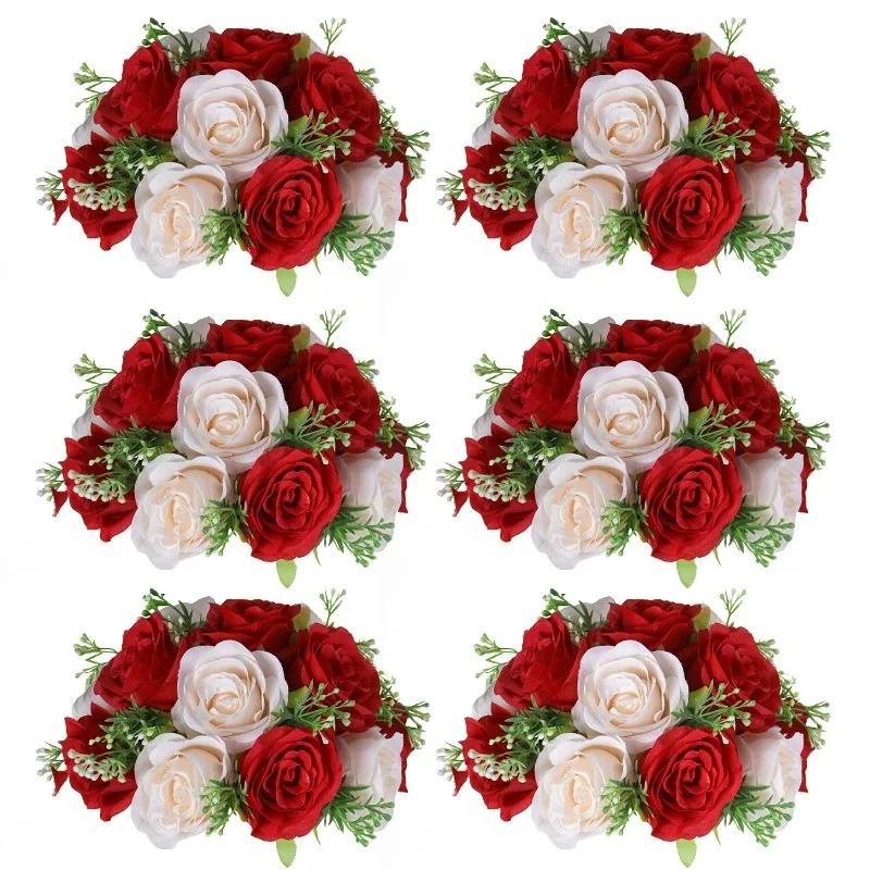 6Pcs Artificial Flowers Centerpiece Table Decorations Rose Ball for Weddding Floral Arrangements Bouquet for Party Home Decor