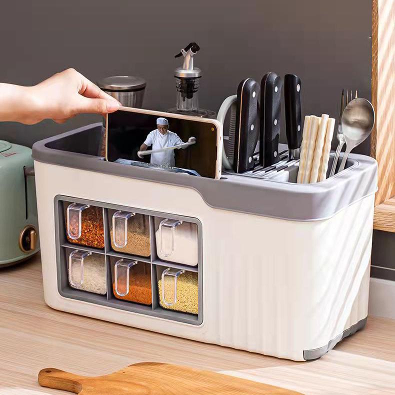 Kitchen Spice Rack Plastic Floor Spice Storage Rack Multifunctional Knife Rack Oil And Salt Sauce And Vinegar Organising Storage Racks