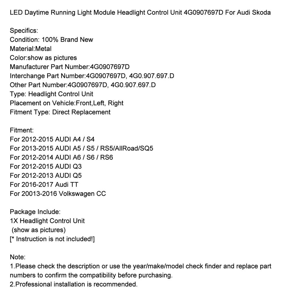 LED Daytime Running Light Module Headlight Control Unit 4G0907697D for Volkswagen CC