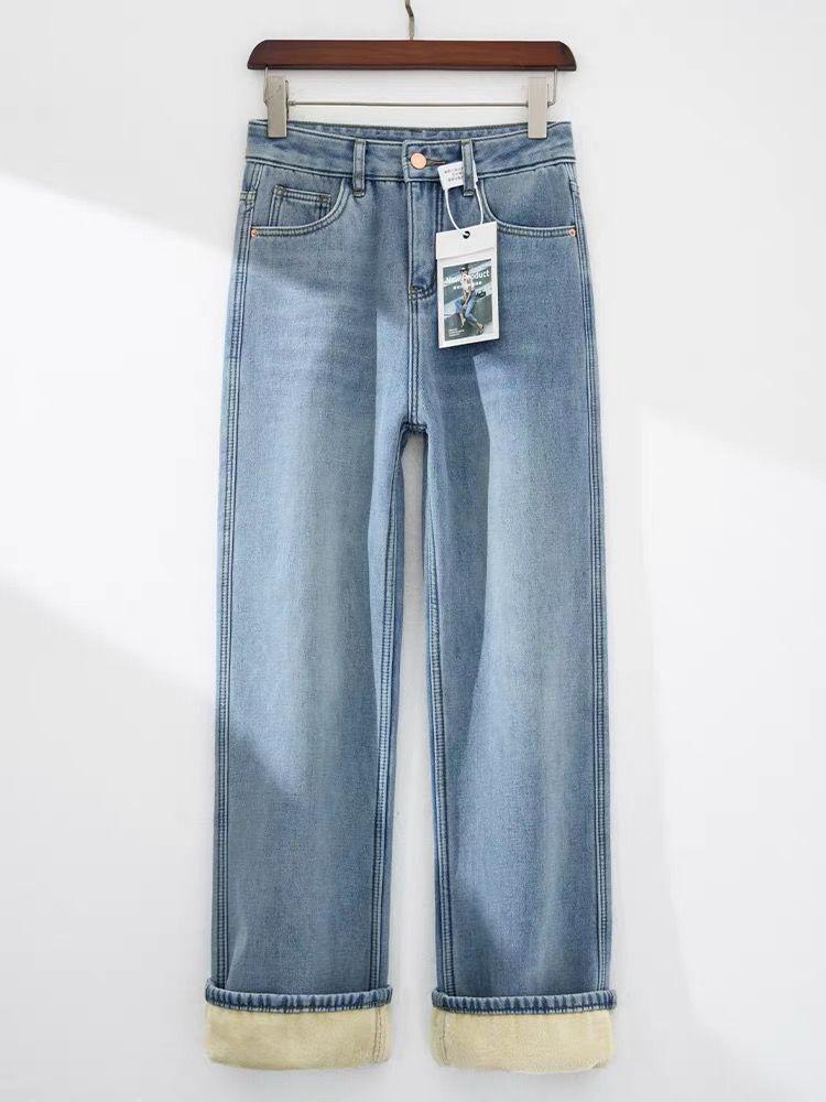 Women's Retro Light Blue Velvet Wide-Leg Jeans, Winter High-Waisted Slimming Pants