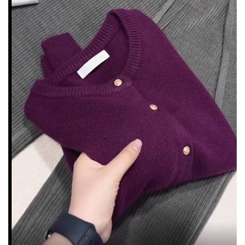 White raspberry powder small gold button knitted cardigan women's autumn and winter soft waxy thickened warm crew neck sweater jacket