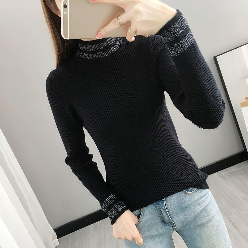 Camisa negra básica, camisa de punto de manga larga para mujer, primavera y otoño, suéter ajustado y adelgazante de cuello medio alto para otoño e invierno.