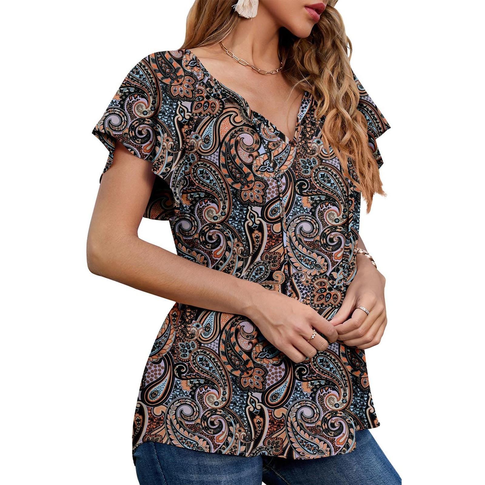 Women s Casual Fashion Chiffon Printed Short Sleeve Loose Shirt XXL коричневый