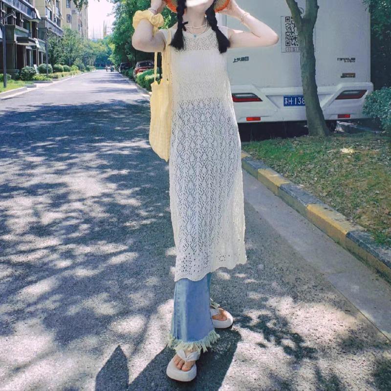 Fashion Knitted Cardigan Sleeveless Lace Dress Retro Hollow Out Sun Protection Women Cross Covers Up Summer Elegant Top Thin Korean Shirt Clothing