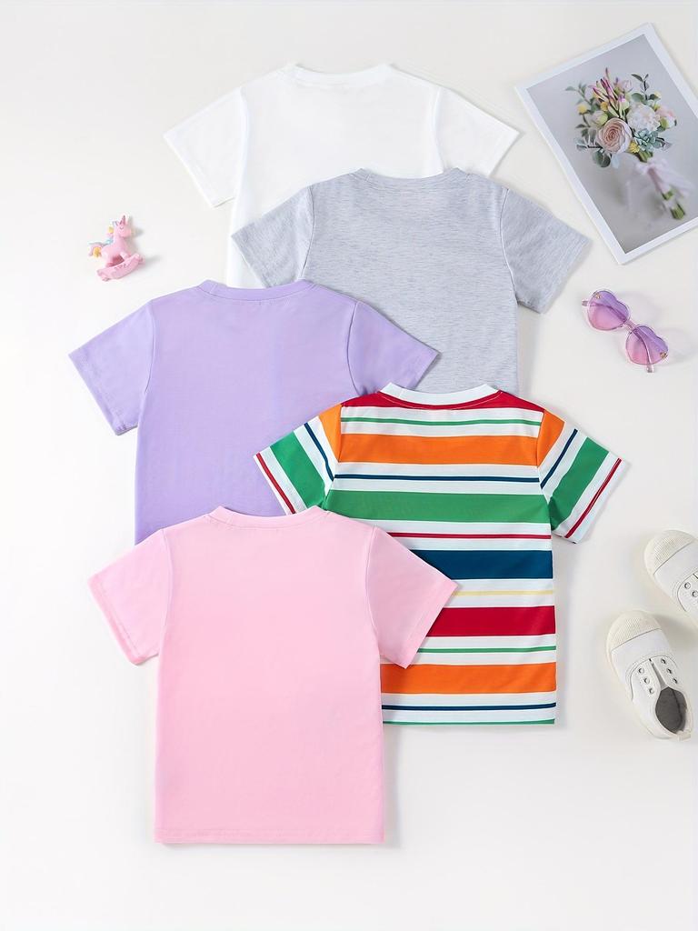 Summer Kids Short Sleeve T-Shirt 5-Pack, Solid & Striped Crew Neck Tees, Toddler Casual Tops