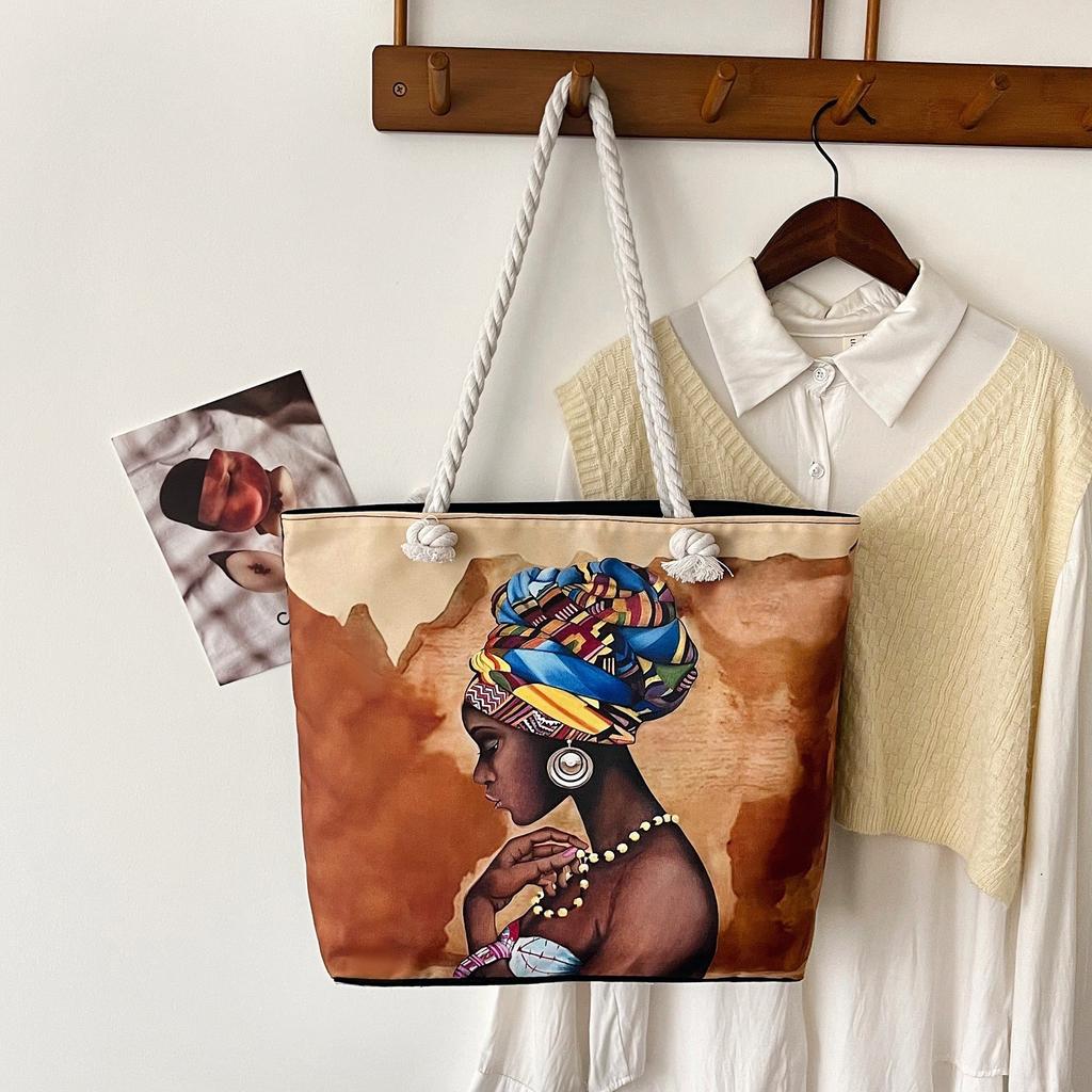 Classic Outdoor Practical Retro Canvas Tote Bag Cartoon Print Handheld Beach Bag Large Capacity CLE