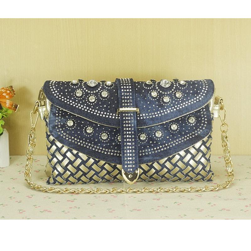 Bags Women'S Bags Woven Bags Diamond-Encrusted Denim Bags Shoulder Messenger Bags Chain Bags Hand Carry Small Square Bags