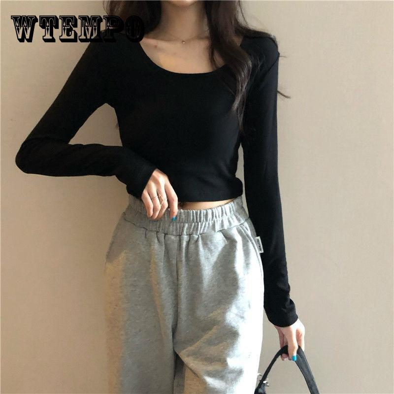 

Весенне-осенне-летняя модная женская одежда, хлопковый круглый воротник с длинными рукавами, эластичный сексуальный пуловер с высокой талией