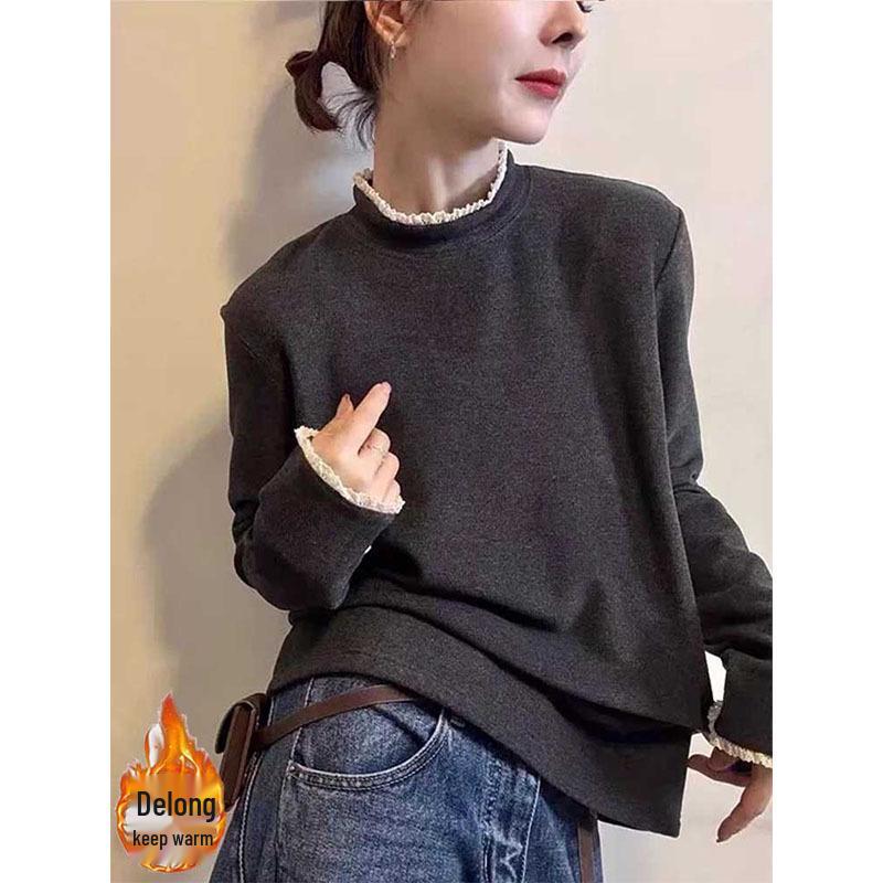 Color-Contrast Lace Half-High Collar Fleece Long-Sleeve Women's T-Shirt - 2026 Fashionable Casual Age-Defying Base Layer