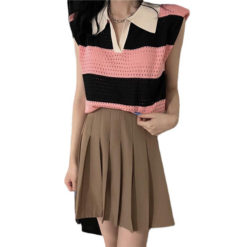 Loose Color Clashing Stripes Hollowed Out Lapel Knit Sweater Women Design Sense Sleeveless Shoulder Pads Tops Casual Essential Slim Fit Pullovers Tees