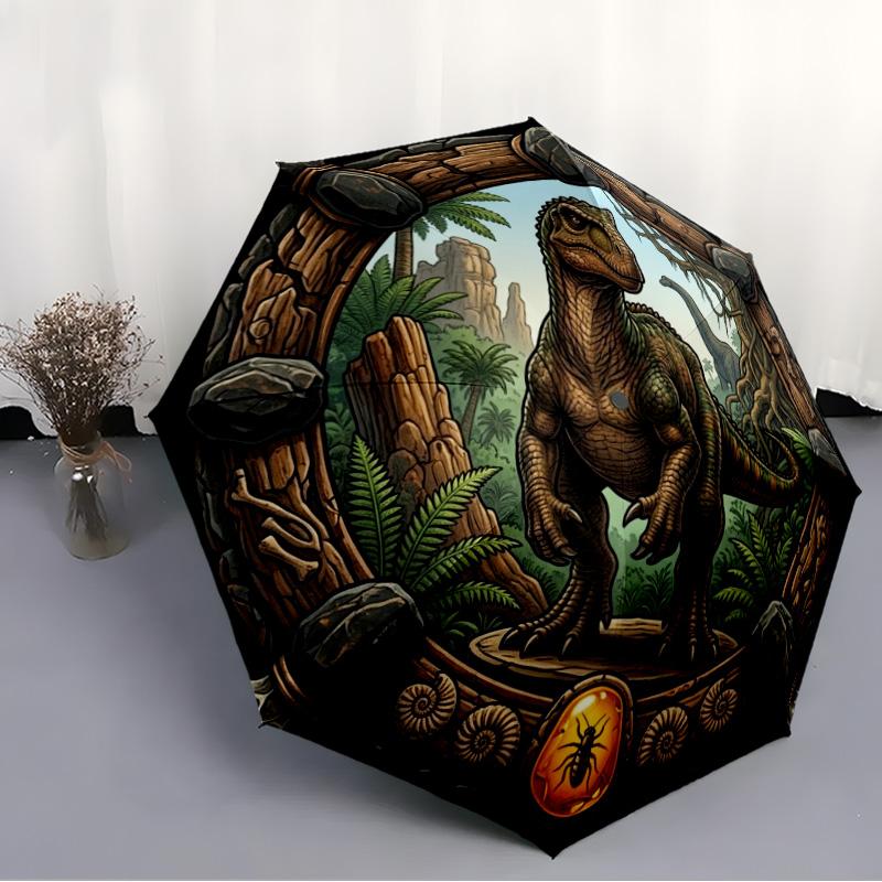 Prehistoric Jungle Adventure Pattern Umbrella, Portable and Foldable Design, 8 Ribs, a Casual Accessory for Halloween, Christmas, and Birthday Gifts.
