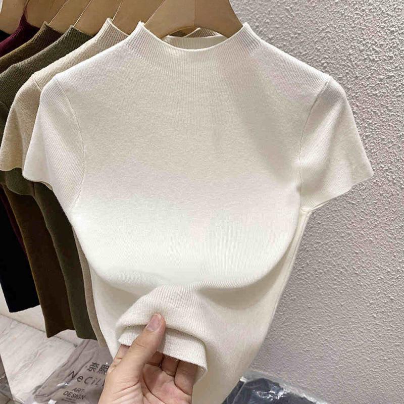 

2026 Women s Slim Fit Short Sleeve High Collar Knit Top One Size