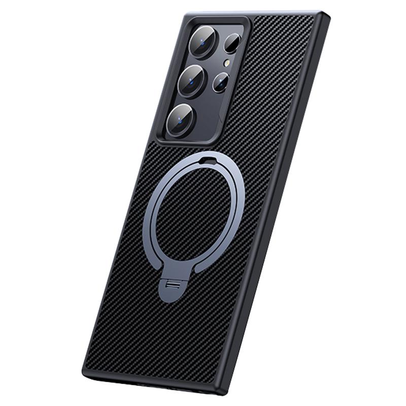 For Samsung Galaxy S24 Ultra Magnetic Case Carbon Fiber Texture Ring Kickstand Phone Cover