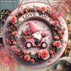 Love You Pink Gnome Rose Wreath Round Wooden Hanging Sign, 2D Flat Printed Valentine Wall Door Ornament, Romantic Home Decor Gift