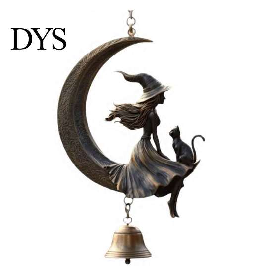 Halloween Witch Wind Chimes And Black Cat Moon Chime, Vintage On Crescent Festive Haunted House Accessories Hanging Bell, Gothic Ornament for
