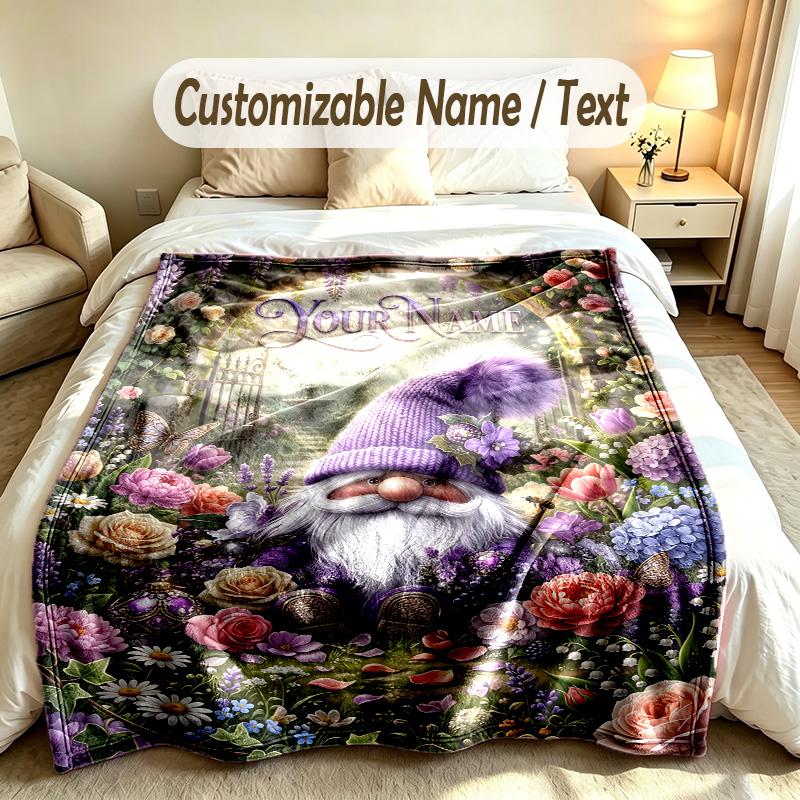 Gnome Theme Custom Blanket Personalized Name & Text Customized Soft Warm Throw Blanket Home Decor