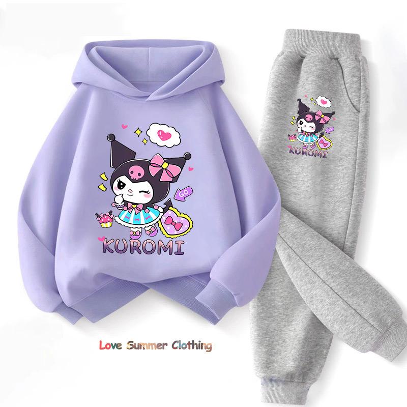Sanrio Spring Autumn Kuromi Children Clothing Sets Cartoon Kuromi Print Girls Sweatshirt 2pcs Suit Thin Kids Tracksuit